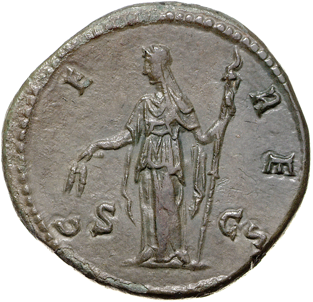 RIC III Antoninus Pius 1128a Antoninus Pius reverse, Ceres, veiled, draped, standing left, holding corn-ears downwards in ...