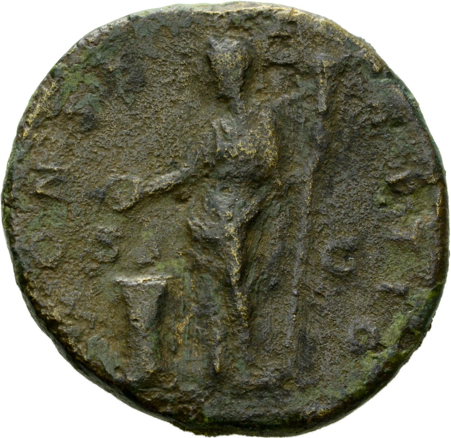 RIC III Antoninus Pius 1130 Antoninus Pius reverse, Vesta, standing left, sacrificing, with patera over altar and holding ...