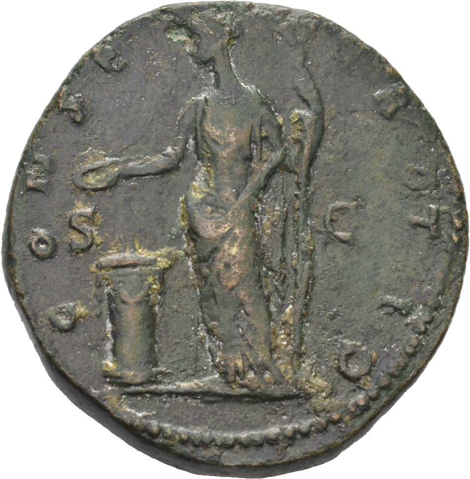 RIC III Antoninus Pius 1130 Antoninus Pius reverse, Vesta, standing left, sacrificing, with patera over altar and holding ...
