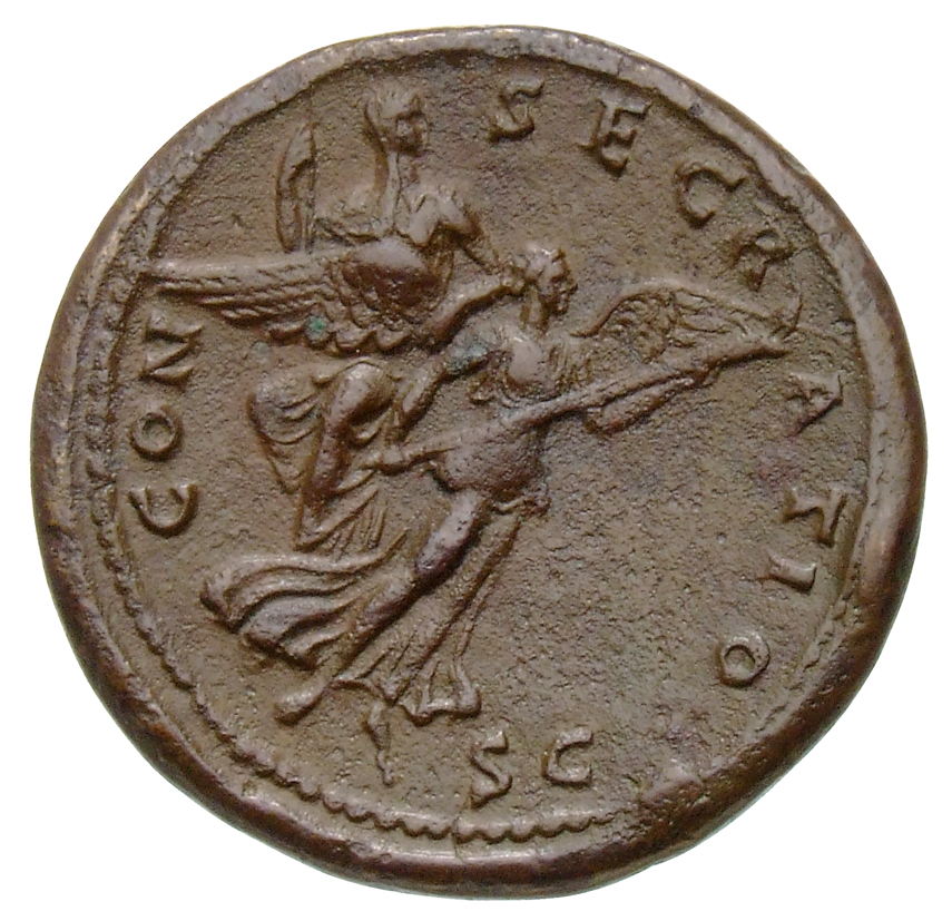 RIC III Antoninus Pius 1132b Antoninus Pius reverse, Victory, holding torch, flying right, carrying Faustina, holding scep...