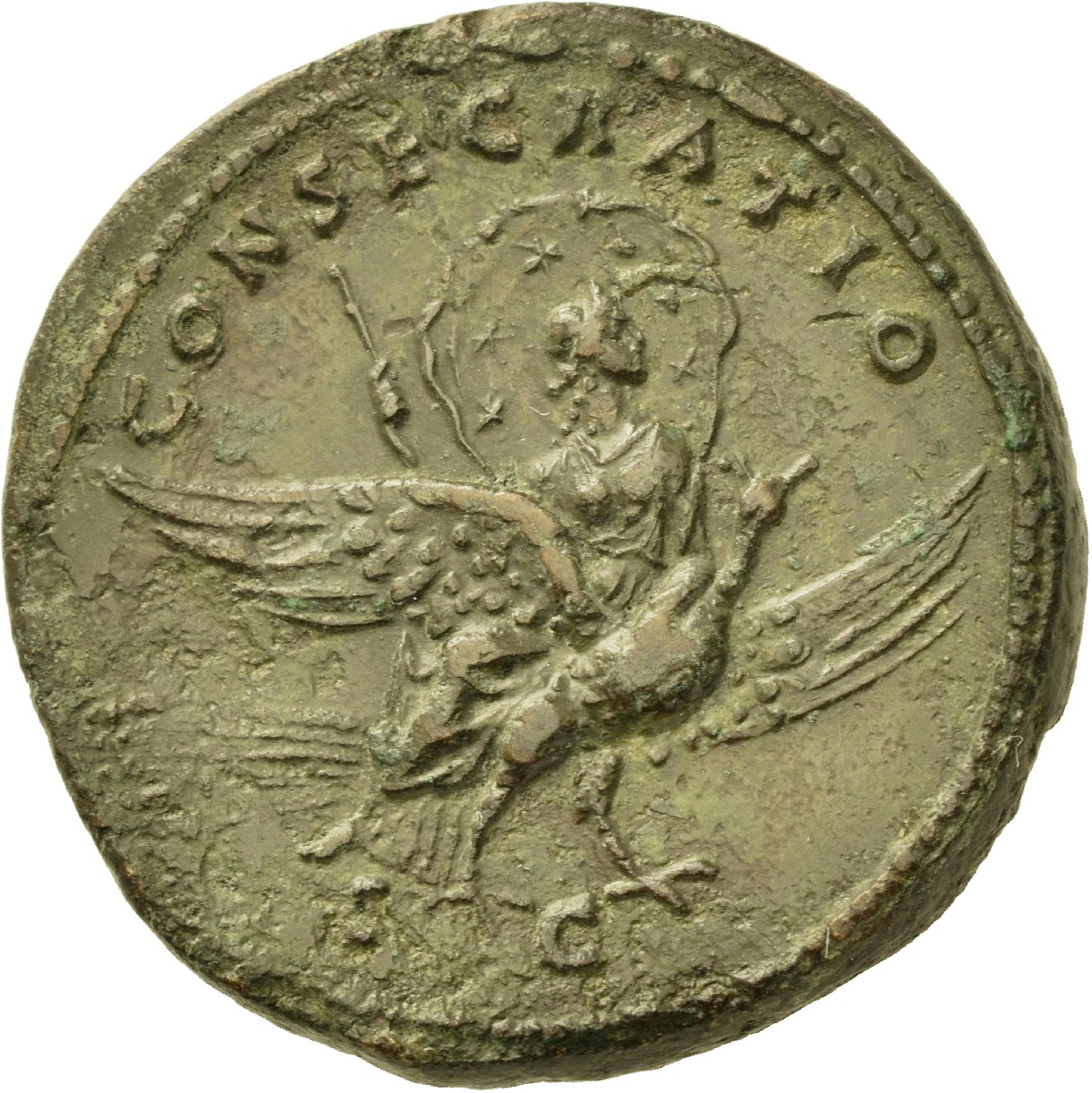 RIC III Antoninus Pius 1133b Antoninus Pius reverse, Eagle flying right, carrying on its back Faustina the Elder, who has ...