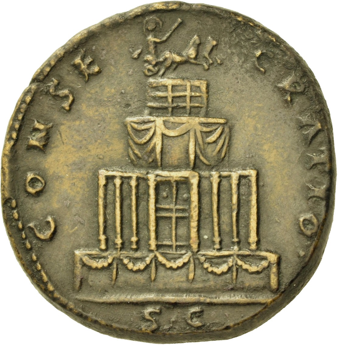 RIC III Antoninus Pius 1135a Antoninus Pius reverse, Mausoleum or pyre in three stories, set on base; on top, Faustina the...