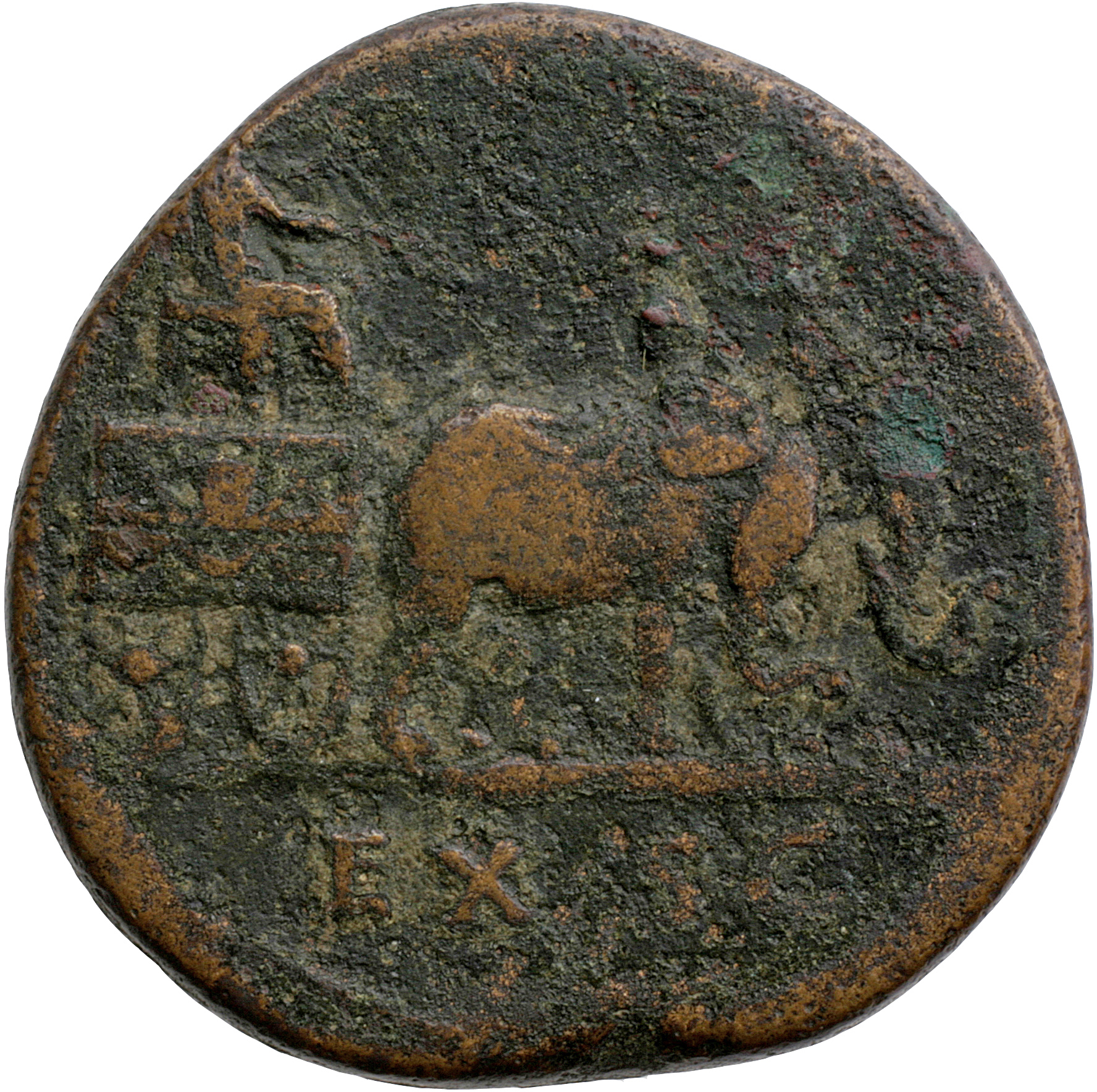 Antoninus Pius reverse — Faustina the Elder, seated right, holding torch and corn-ears, in car, drawn right by two elephants with riders