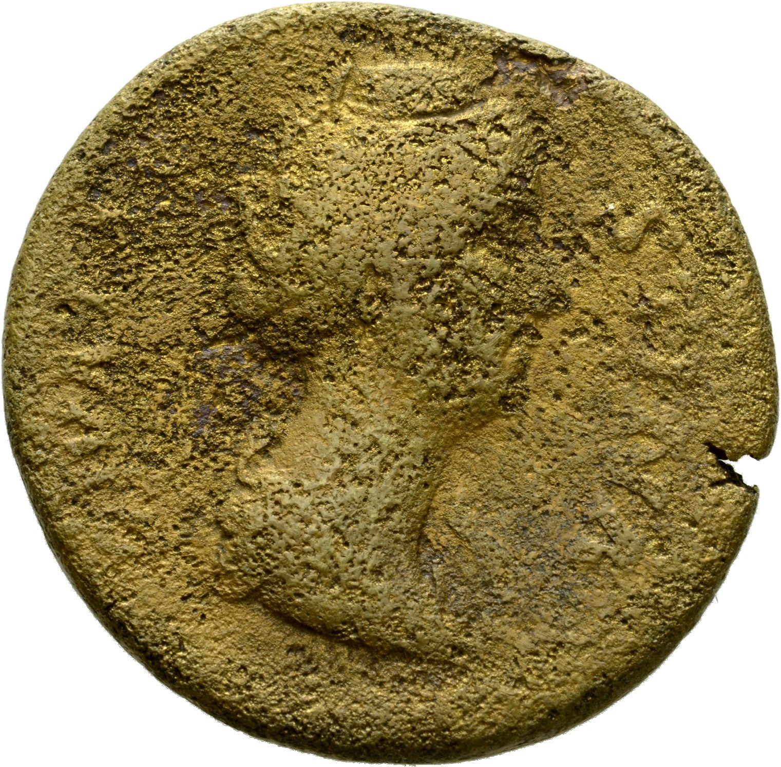 Antoninus Pius obverse — Bust of Faustina the Elder, draped, right, hair elaborately waved and coiled in bands across head and drawn up at back and piled in a round coil on top.