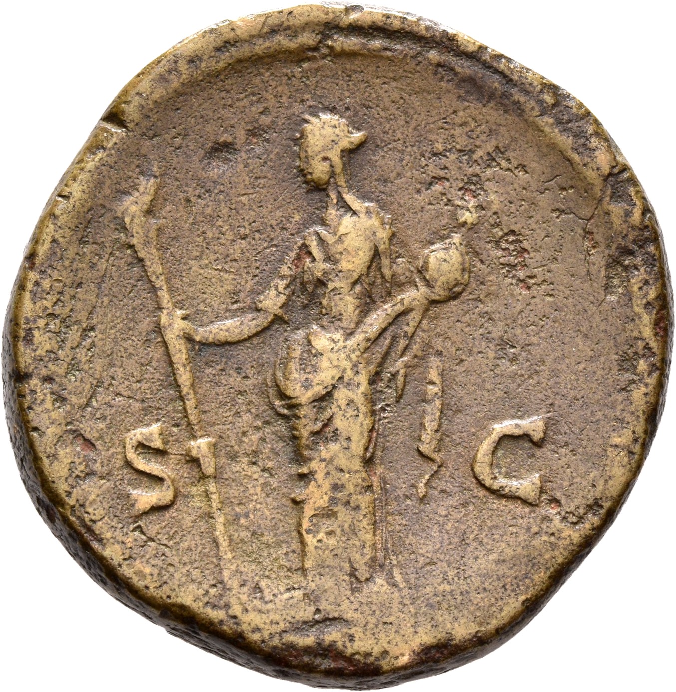 RIC III Antoninus Pius 1151 Antoninus Pius reverse, Vesta, draped, standing, left, holding long torch, nearly vertical, in...