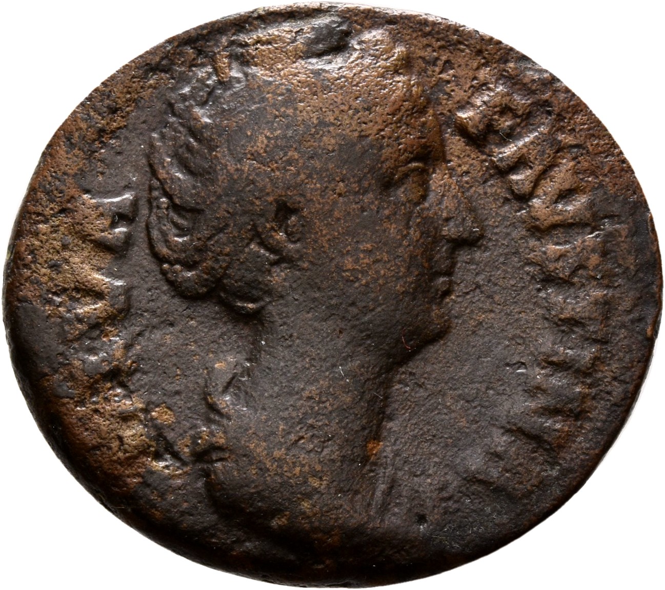 RIC III Antoninus Pius 1155 (as) Antoninus Pius obverse, Bust of Faustina the Elder, draped, right, hair elaborately waved...