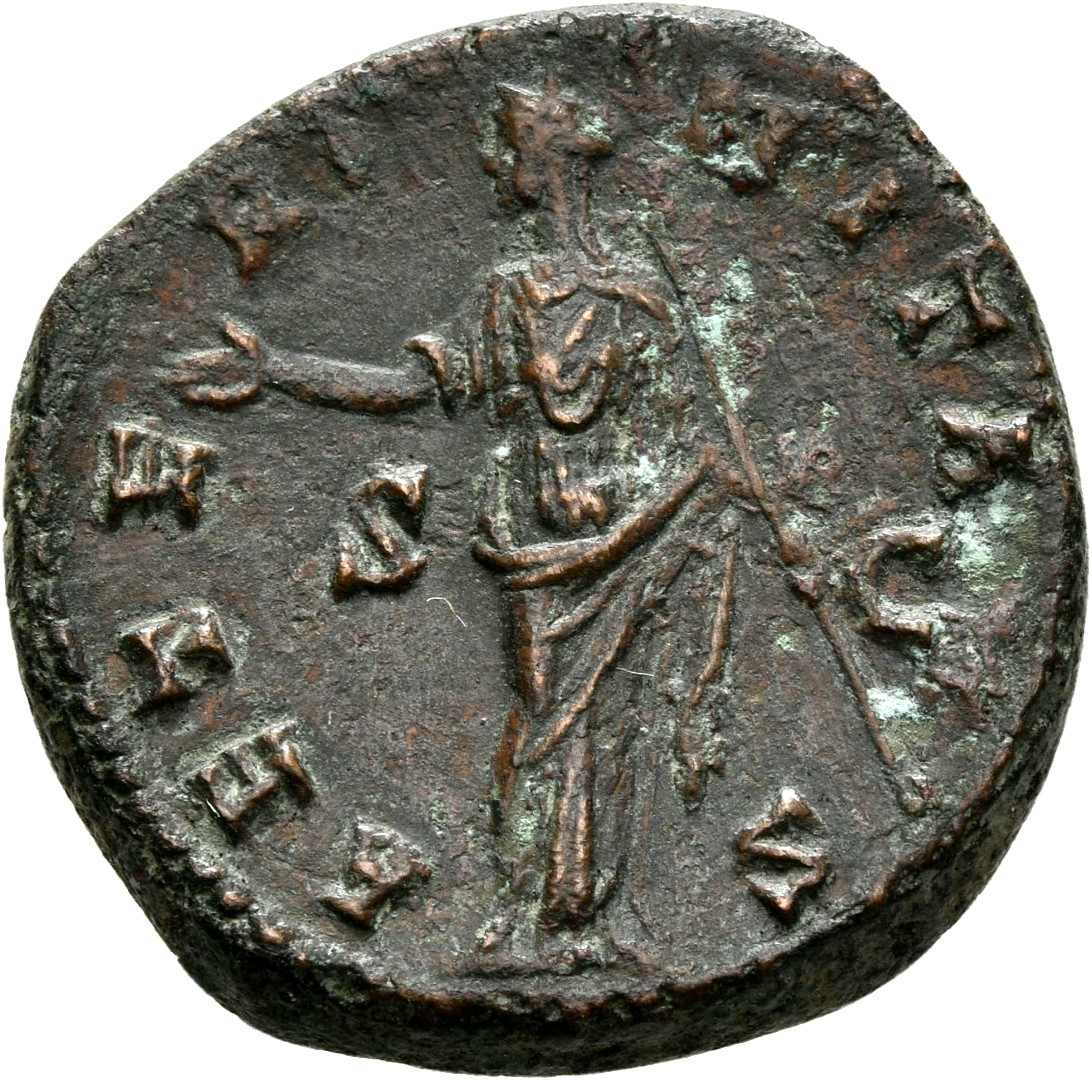 RIC III Antoninus Pius 1155 (dupondius) Antoninus Pius reverse, Juno, veiled, draped, standing front, head left, raising r...