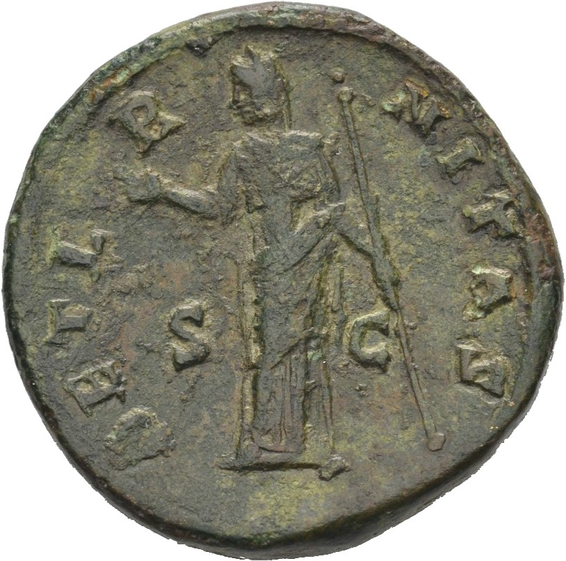 RIC III Antoninus Pius 1155 (dupondius) Antoninus Pius reverse, Juno, veiled, draped, standing front, head left, raising r...