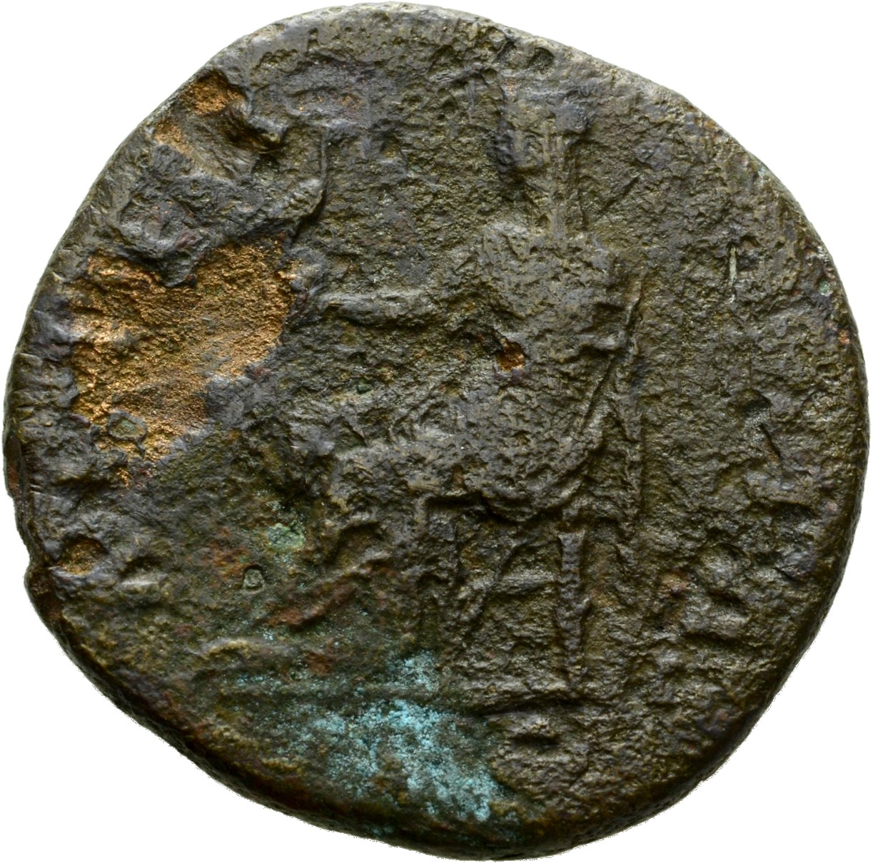 Antoninus Pius reverse — Aeternitas, seated left, holding phoenix on globe and sceptre
