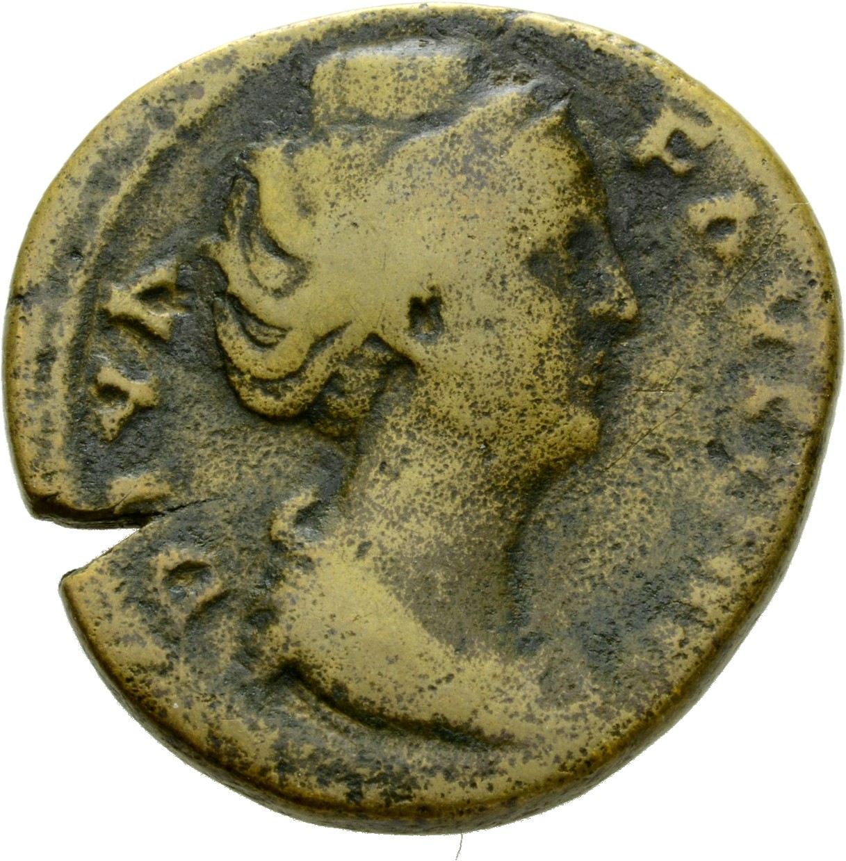 Antoninus Pius obverse — Bust of Faustina the Elder, draped, right, hair elaborately waved and coiled in bands across head and drawn up at back and piled in a round coil on top.