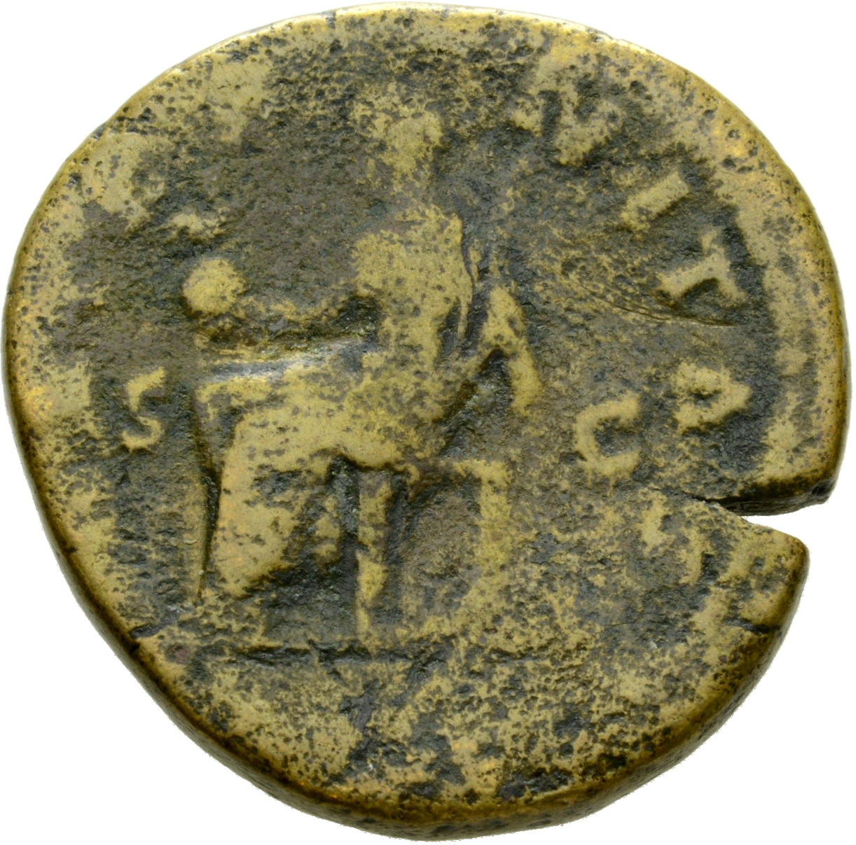 Antoninus Pius reverse — Aeternitas, seated left, holding phoenix on globe and sceptre