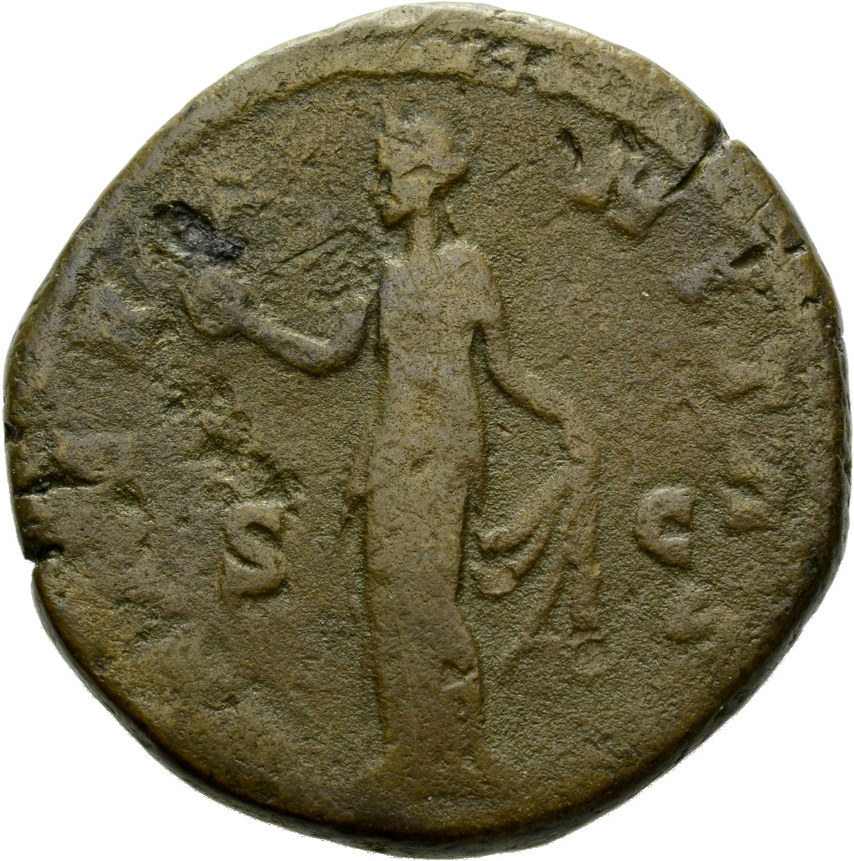 RIC III Antoninus Pius 1157 (as) Antoninus Pius reverse, Aeternitas, draped, standing, front, head left, holding phoenix(n...
