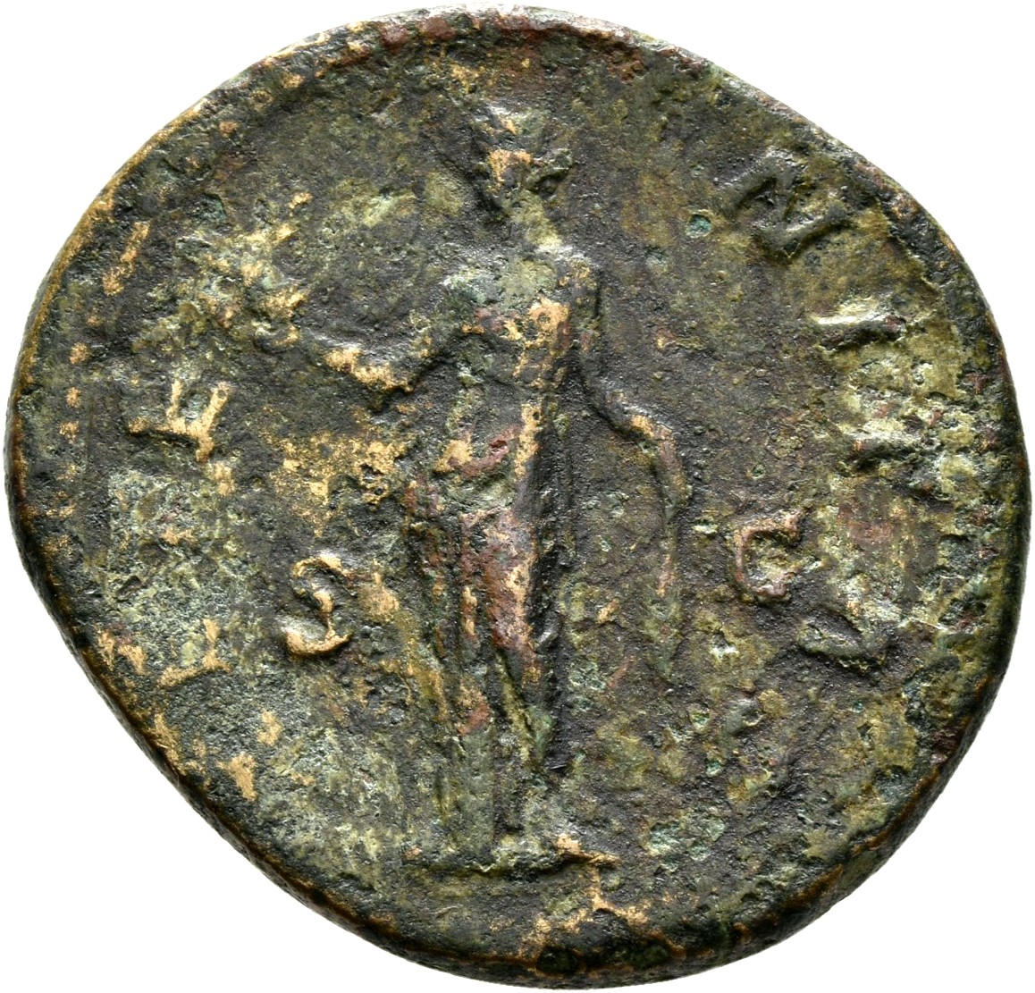 RIC III Antoninus Pius 1157 (dupondius) Antoninus Pius reverse, Aeternitas, draped, standing, front, head left, holding ph...
