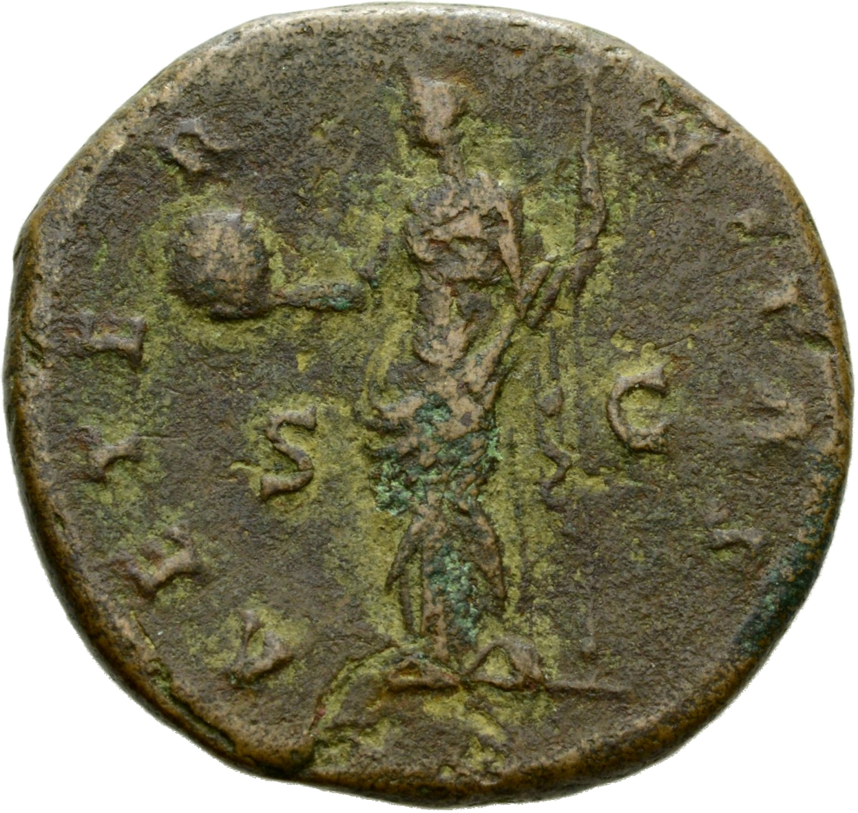 Antoninus Pius reverse — Providentia, draped, standing left, holding globe on extended right hand and vertical sceptre in left