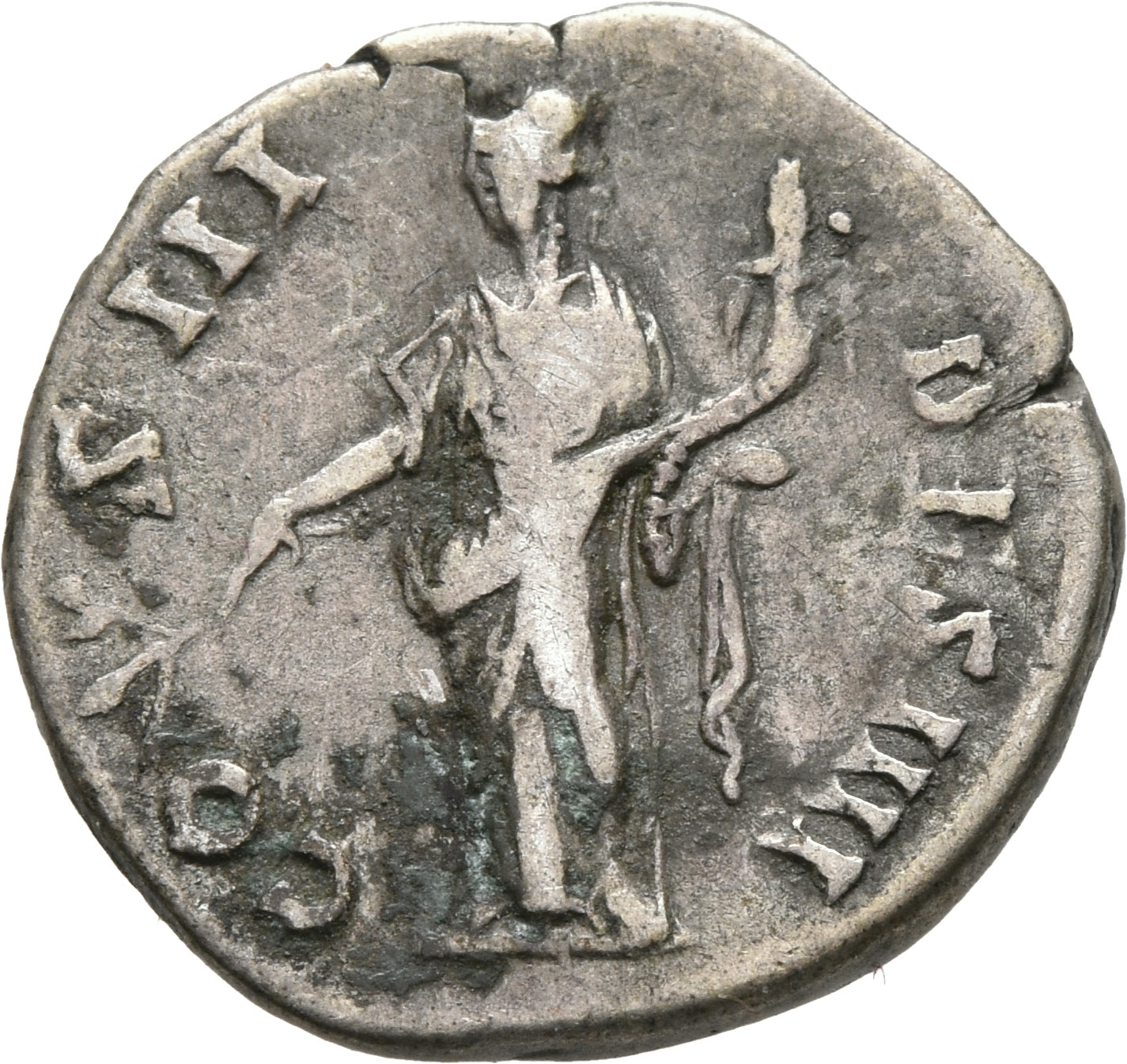 RIC III Antoninus Pius 117 Antoninus Pius reverse, Pax, draped, standing left, holding branch downwards in extended right ...