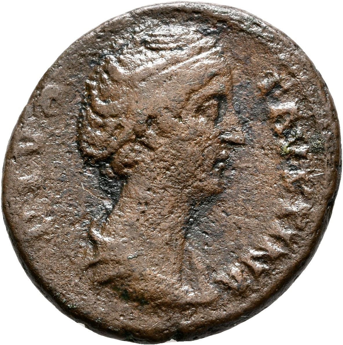 RIC III Antoninus Pius 1170 (as) Antoninus Pius obverse, Bust of Faustina the Elder, draped, right, hair elaborately waved...