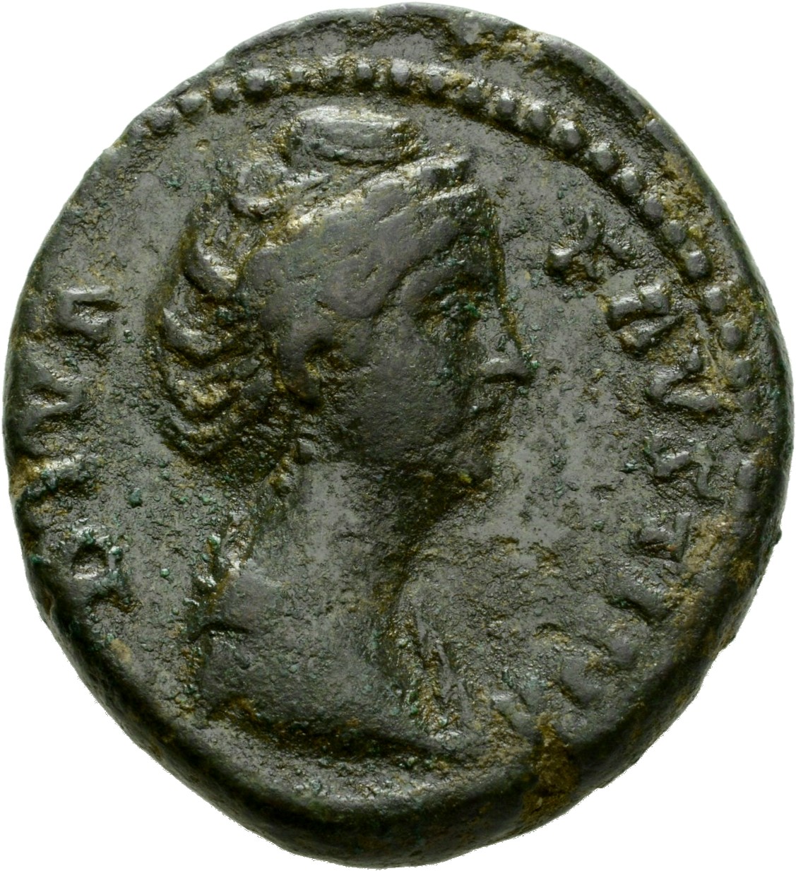 Antoninus Pius obverse — Bust of Faustina the Elder, draped, right, hair elaborately waved and coiled in bands across head and drawn up at back and piled in a round coil on top.
