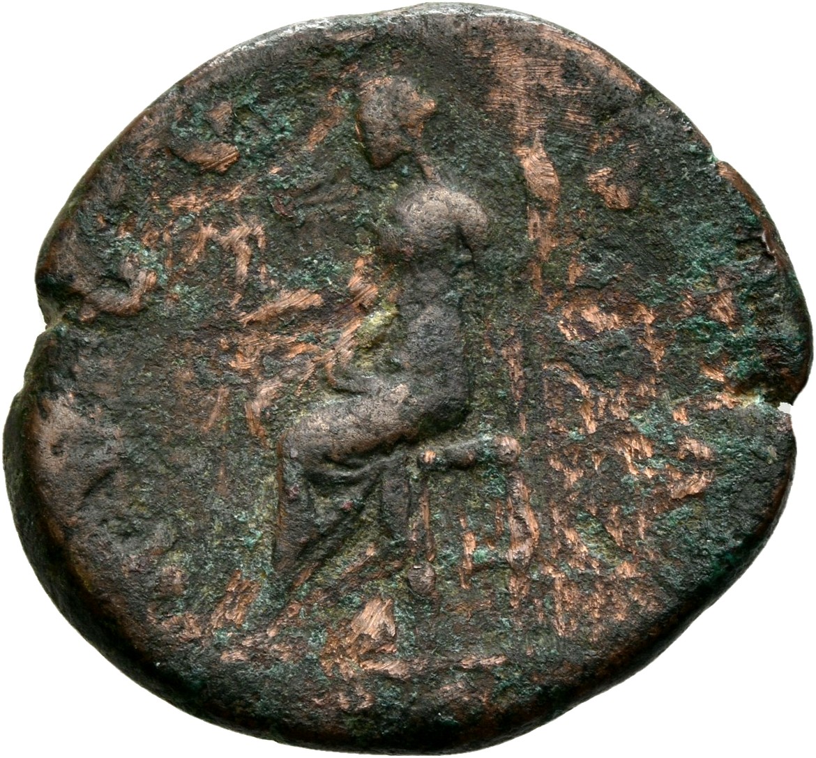 RIC III Antoninus Pius 1184 (as) Antoninus Pius reverse, Concordia, seated left, holding statuette of Spes and sceptre