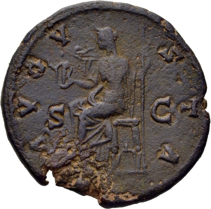 RIC III Antoninus Pius 1184 (as) Antoninus Pius reverse, Concordia, seated left, holding statuette of Spes and sceptre