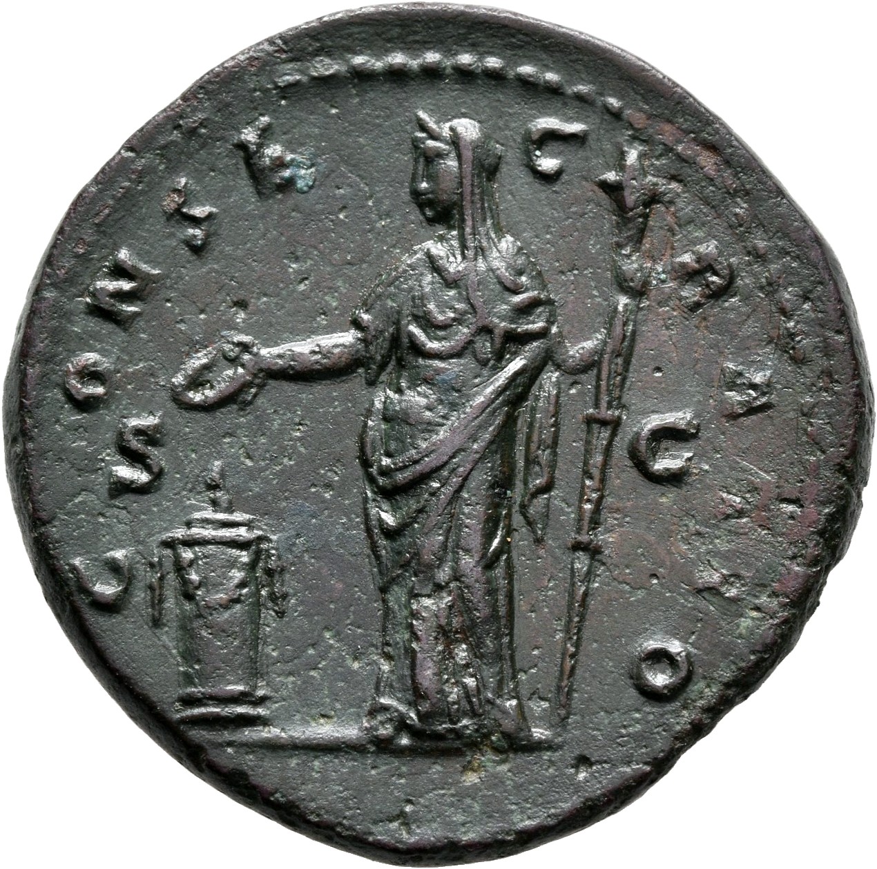 RIC III Antoninus Pius 1187a (as) Antoninus Pius reverse, Vesta, veiled, draped, standing left, sacrificing out of patera ...