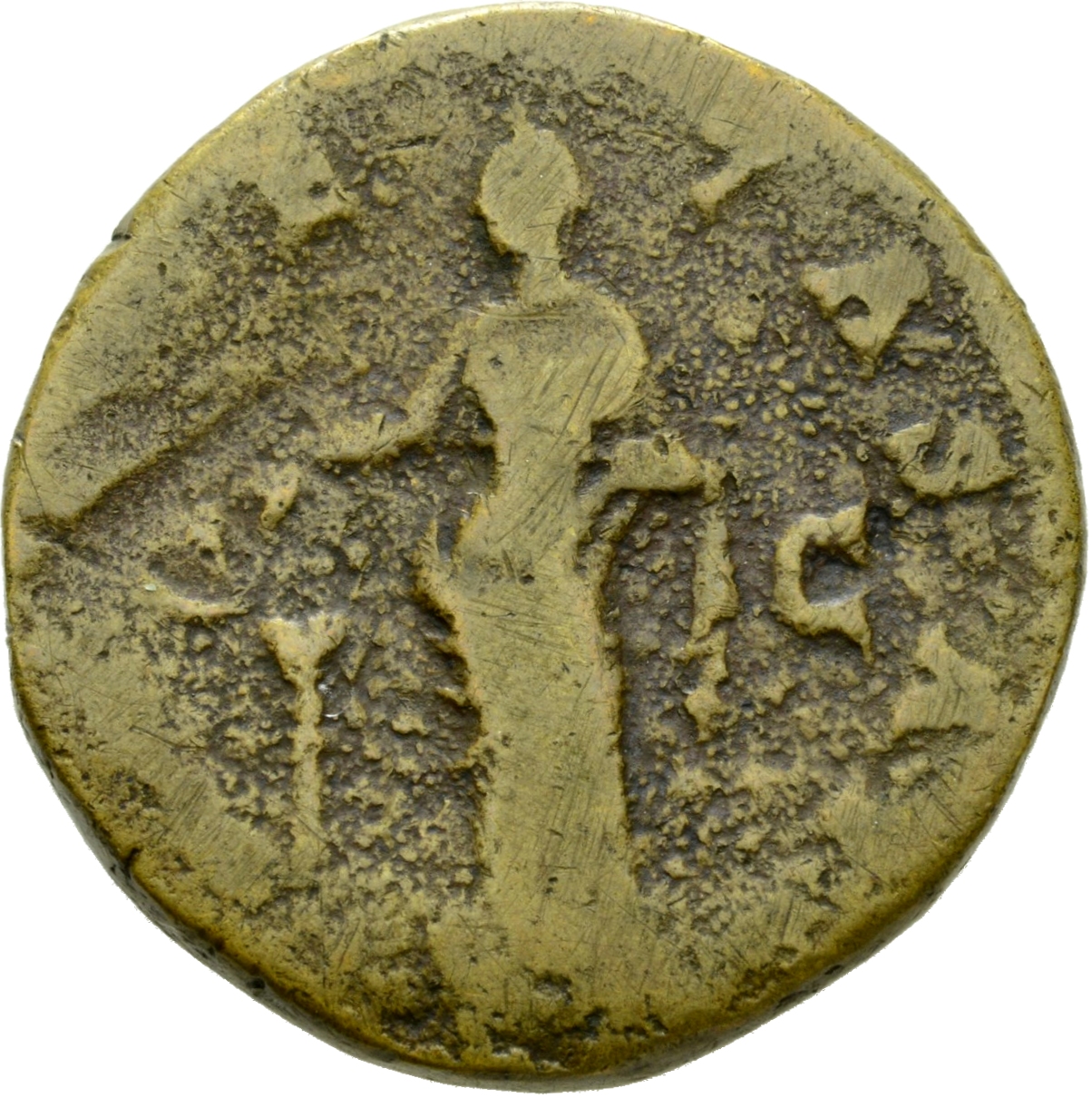 Antoninus Pius reverse — Pietas, veiled, draped, standing, left, dropping incense out of right hand over lighted candelabrum-altar, left and holding box in left hand.