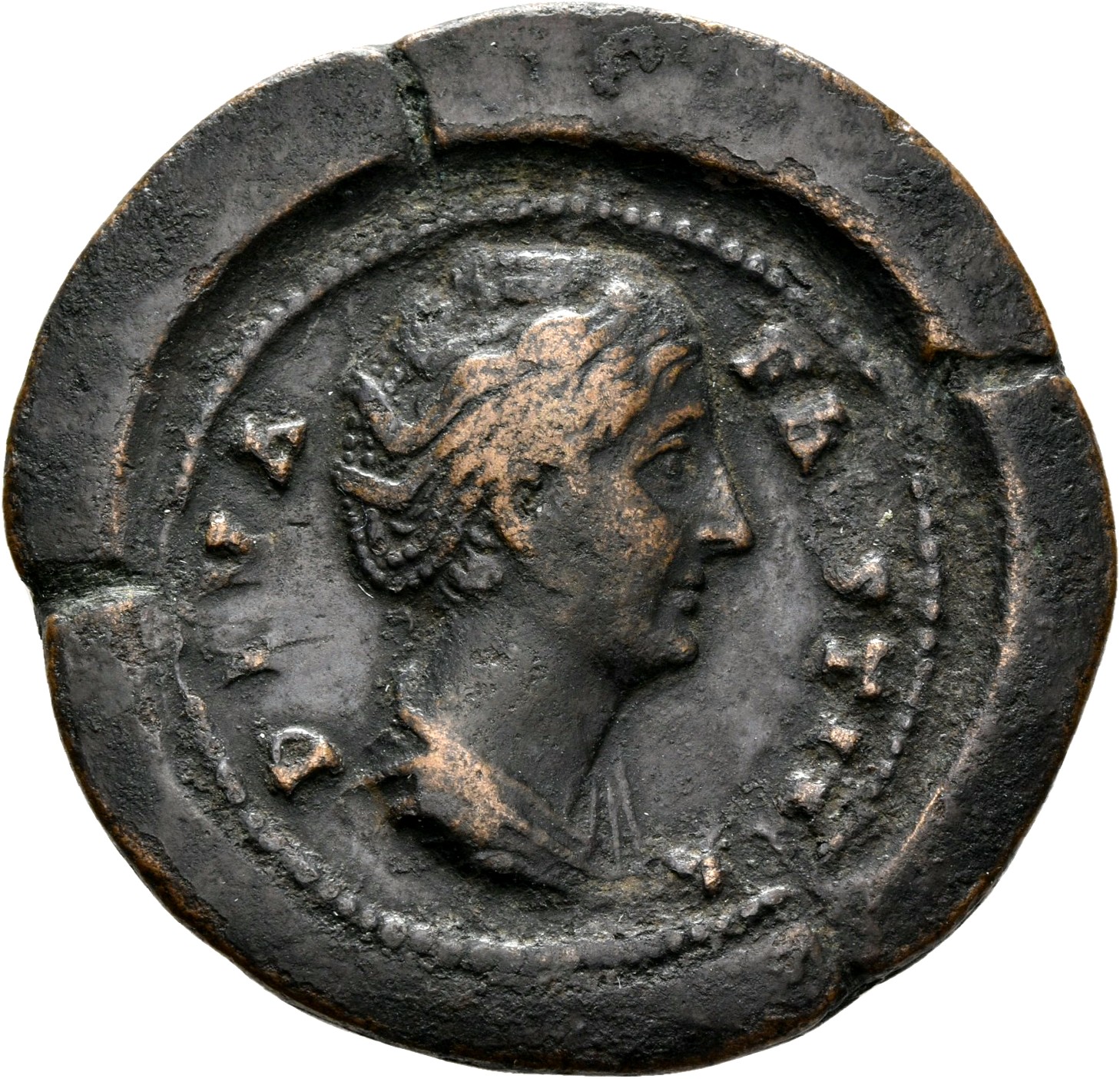 RIC III Antoninus Pius 1196 (dupondius) Antoninus Pius obverse, Bust of Faustina the Elder, draped, right, hair elaboratel...