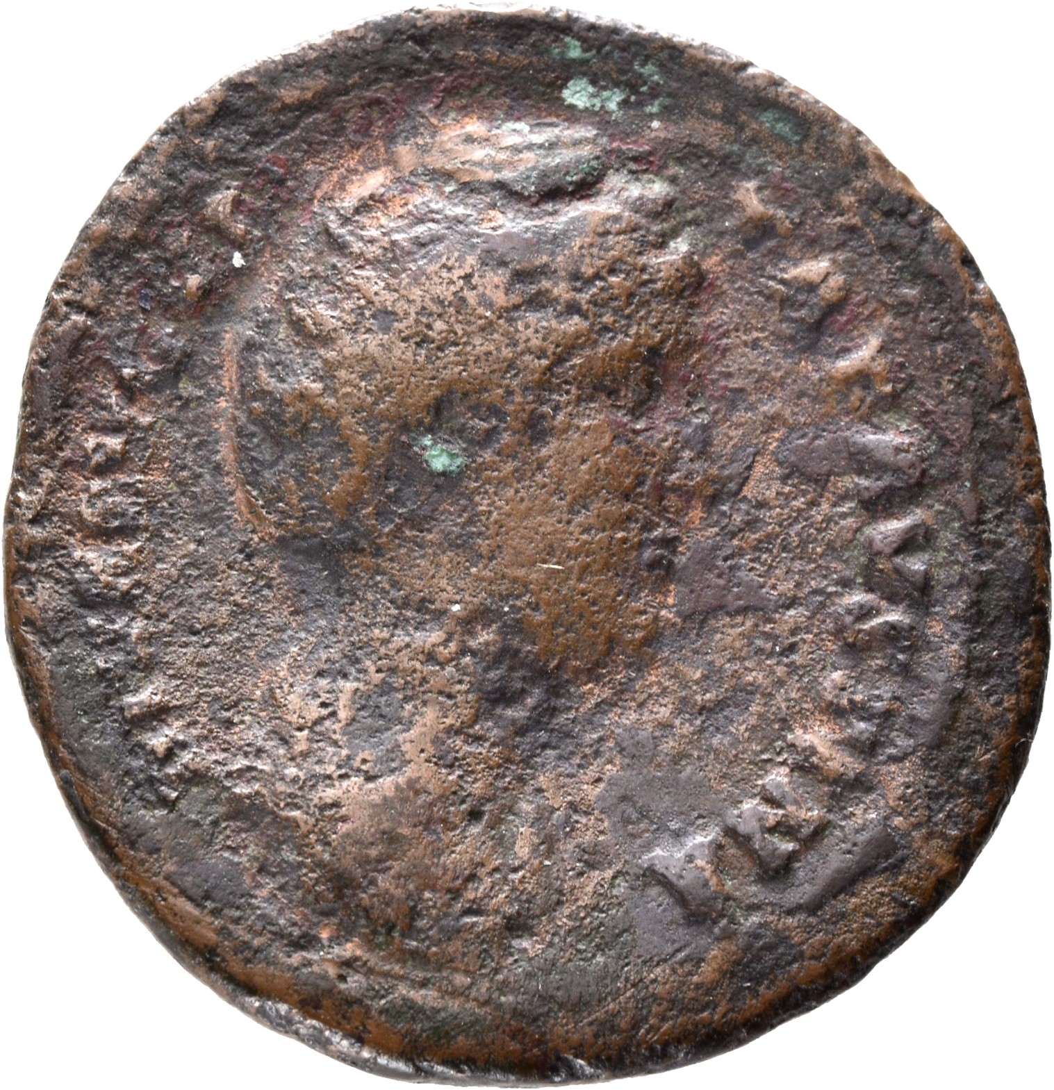 Antoninus Pius obverse — Bust of Faustina the Elder, draped, right, hair elaborately waved and coiled in bands across head and drawn up at back and piled in a round coil on top.