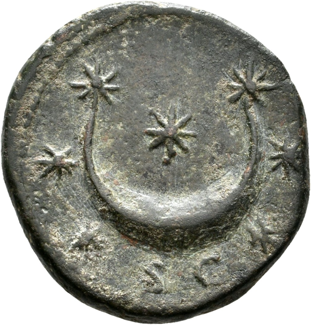 RIC III Antoninus Pius 1199a (dupondius) Antoninus Pius reverse, Crescent with ponts upwards and seven stars, two at point...