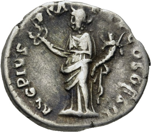 RIC III Antoninus Pius 11c Antoninus Pius reverse, Felicitas, draped, standing left, holding up caduceus in right hand and...