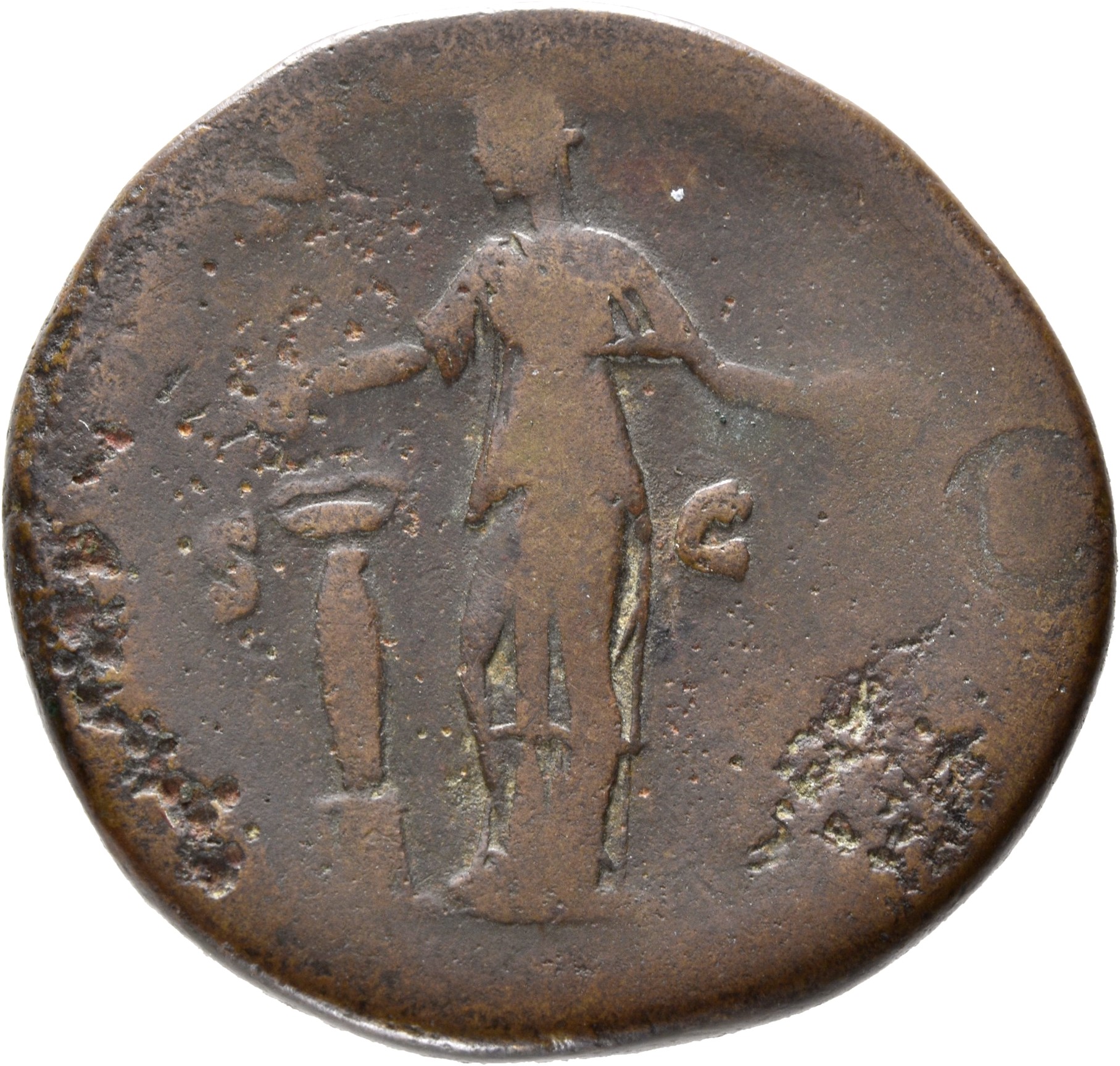 Antoninus Pius reverse — Juventas, in long robe, standing left, throwing grain of incense on candelabrum and holding patera