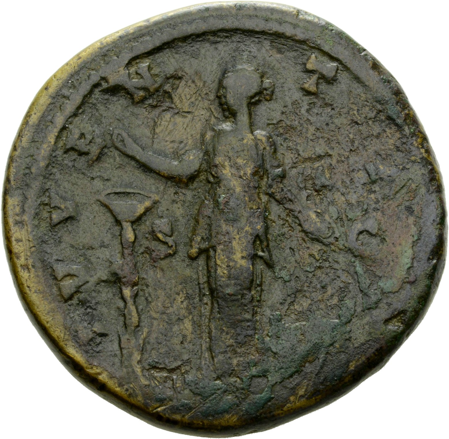 Antoninus Pius reverse — Juventas, in long robe, standing left, throwing grain of incense on candelabrum and holding patera