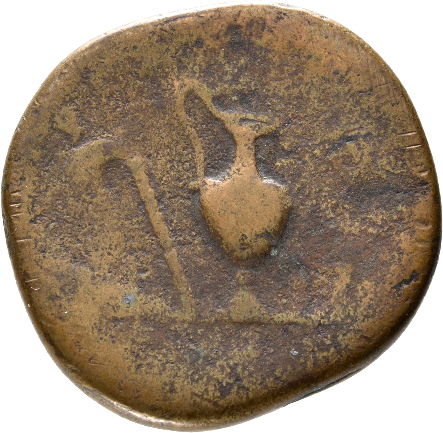 RIC III Antoninus Pius 1234A Antoninus Pius reverse, Priestly emblems: from left to right, knife, sprinkler, jug, lituus, ...