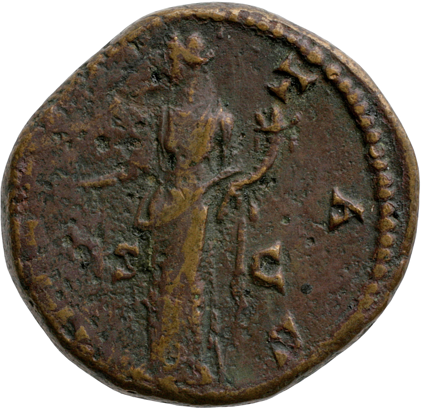 Antoninus Pius reverse — Hilaritas, standing left, holding palm and cornucopiae