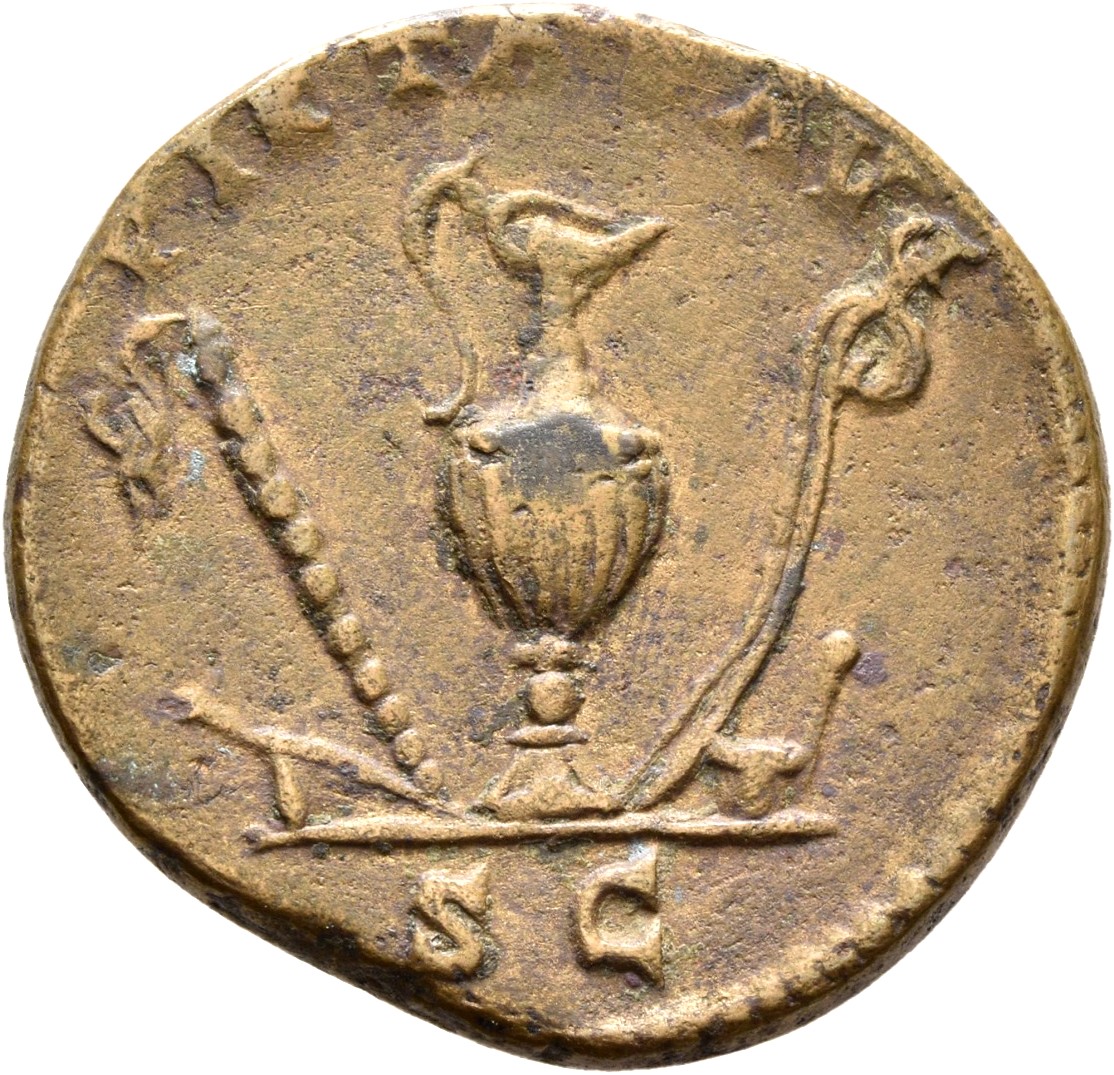 RIC III Antoninus Pius 1240A (dupondius) Antoninus Pius reverse, Priestly emblems: from left to right, knife, sprinkler, j...