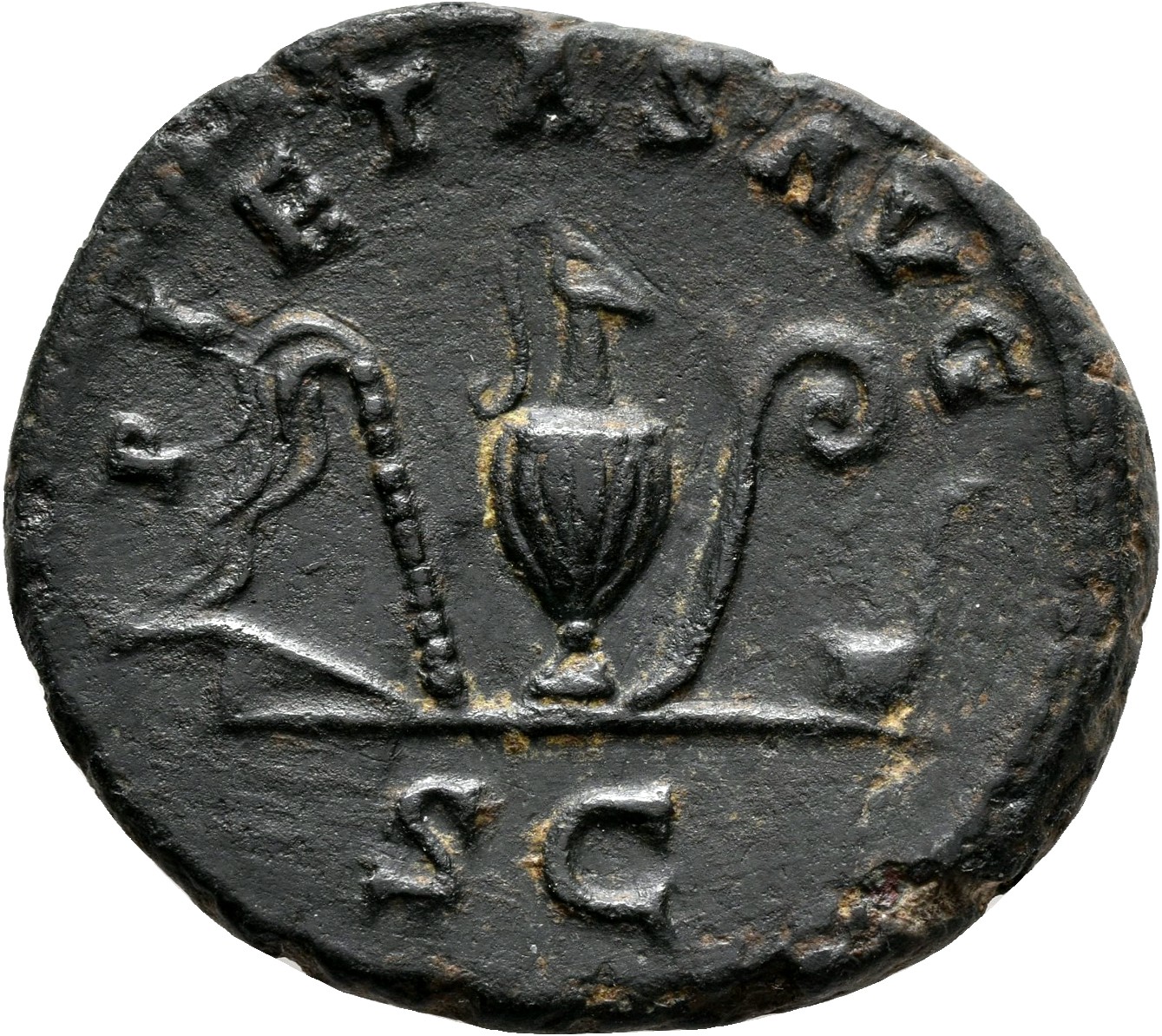 RIC III Antoninus Pius 1240C (as) Antoninus Pius reverse, Priestly emblems: from left to right, knife, sprinkler, jug, lit...