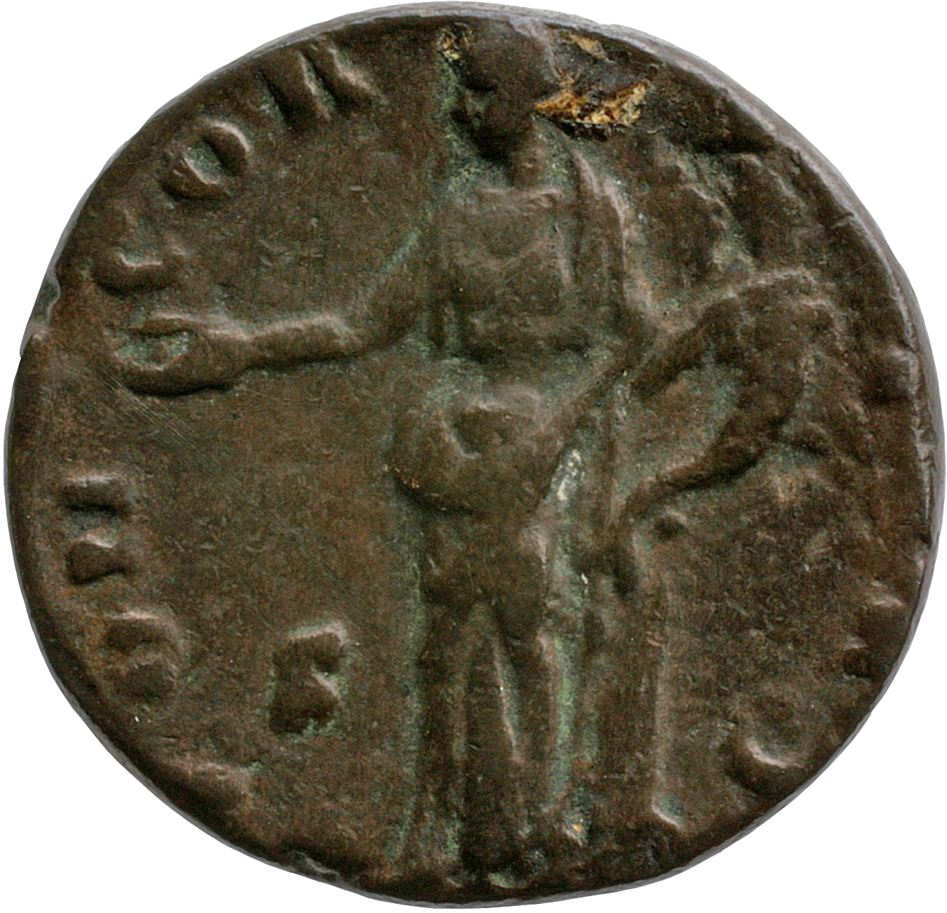 Antoninus Pius reverse — Concordia, standing left, holding patera and resting left hand on cornucopiae, set on altar