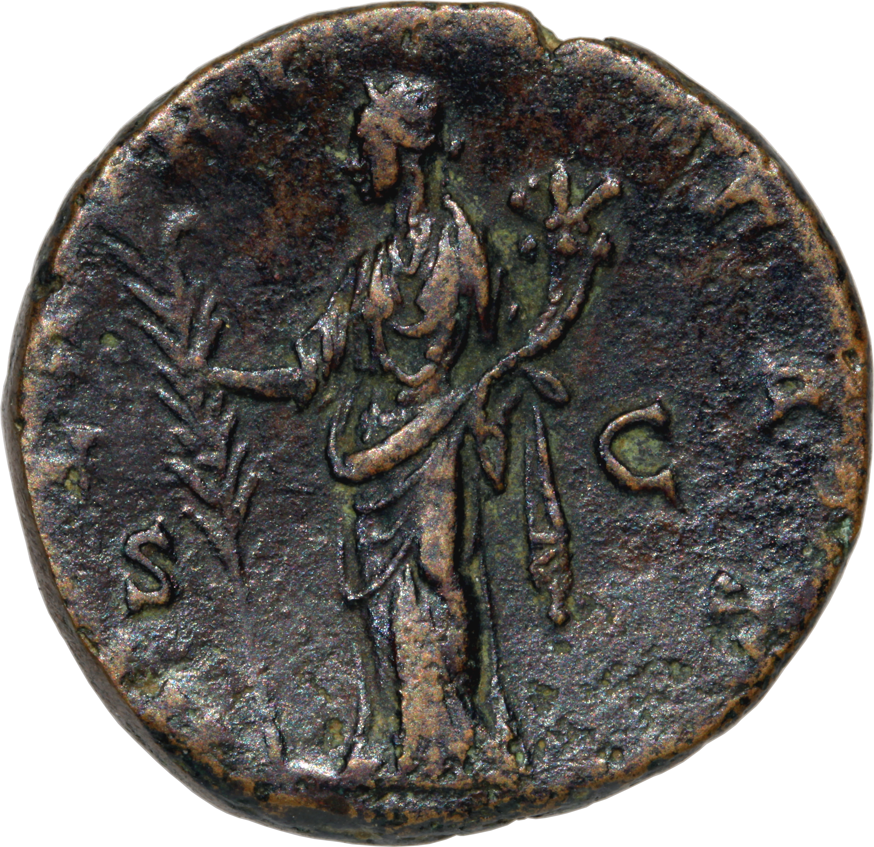 RIC III Antoninus Pius 1260 (as) Antoninus Pius reverse, Hilaritas, draped, standing left, holding long palm, nearly verti...