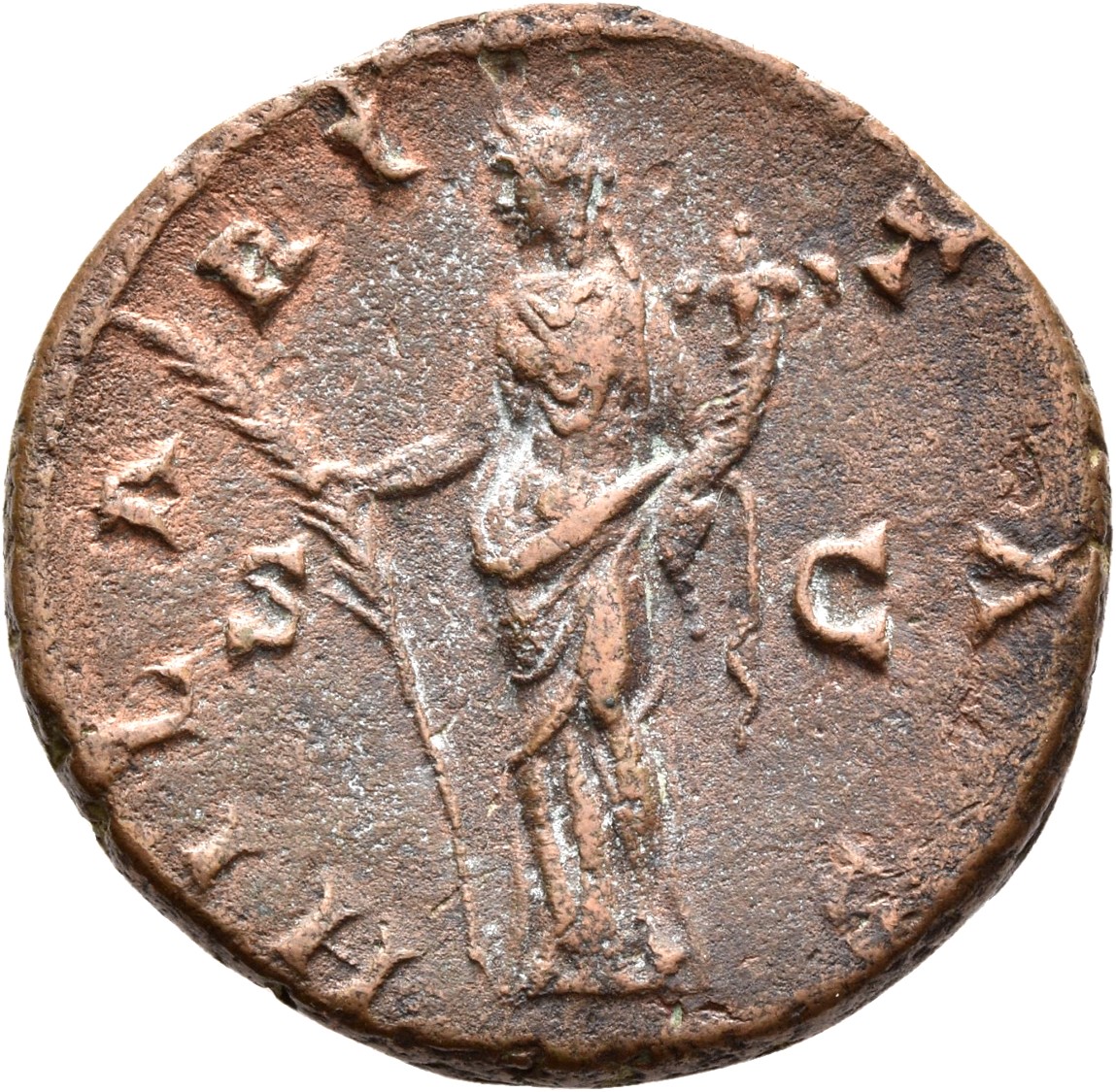 RIC III Antoninus Pius 1260 (dupondius) Antoninus Pius reverse, Hilaritas, draped, standing left, holding long palm, nearl...