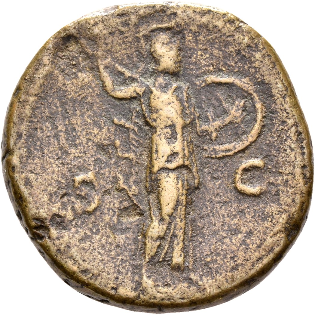RIC III Antoninus Pius 1263 (dupondius) Antoninus Pius reverse, Minerva, helmeted, draped, wearing cloak with aegis, advan...