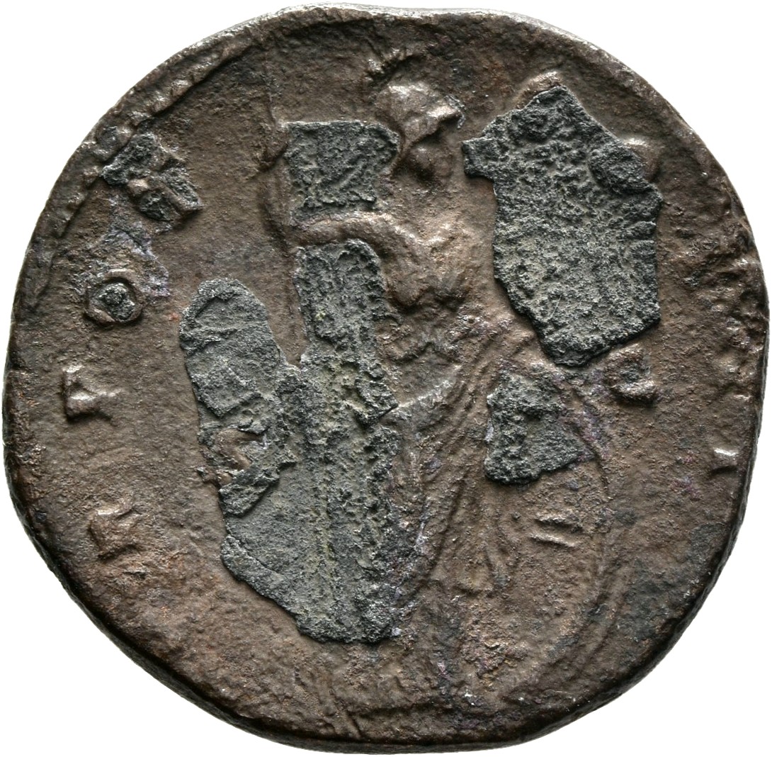 RIC III Antoninus Pius 1266 (dupondius) Antoninus Pius reverse, Minerva, standing right, holding spear and leaning on shield