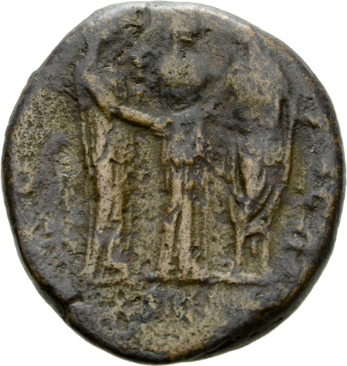 Antoninus Pius reverse — Marcus Aurelius, togate, standing,left and Faustina the Younger, draped, standing, right, clasping hands: behind and between them, Concordia standing, front, head right