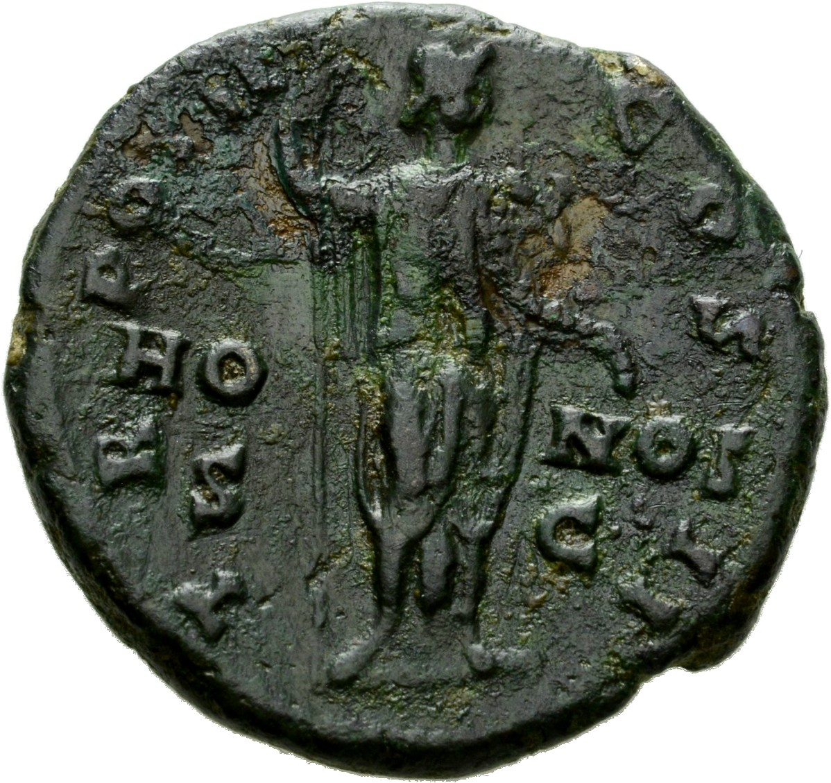 Antoninus Pius reverse — Honos, togate, standing, front, head right, holding sceptre, vertical, in right hand and cornucopiae, with tip turned outwards, in left