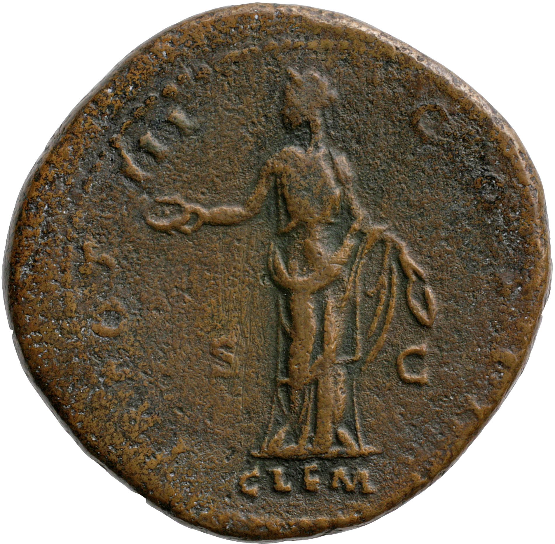 RIC III Antoninus Pius 1277 Antoninus Pius reverse, Clementia, standing left, holding patera and raising skirt