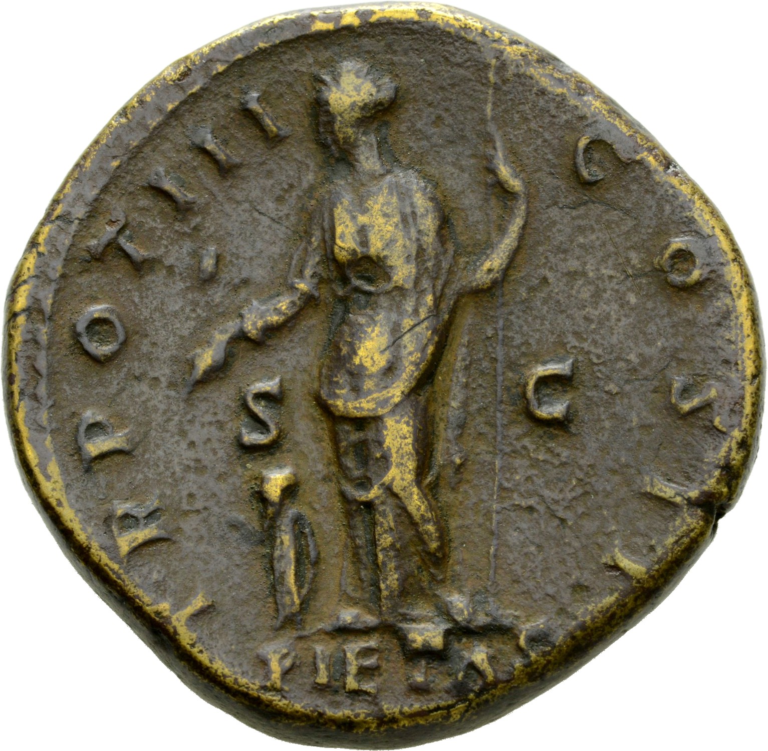 Antoninus Pius reverse — Pietas, standing left, holding sceptre and extending right hand over child, left