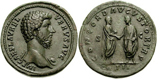 RIC III Antoninus Pius 1283 Antoninus Pius obverse, Bust of Marcus Aurelius, bare, right