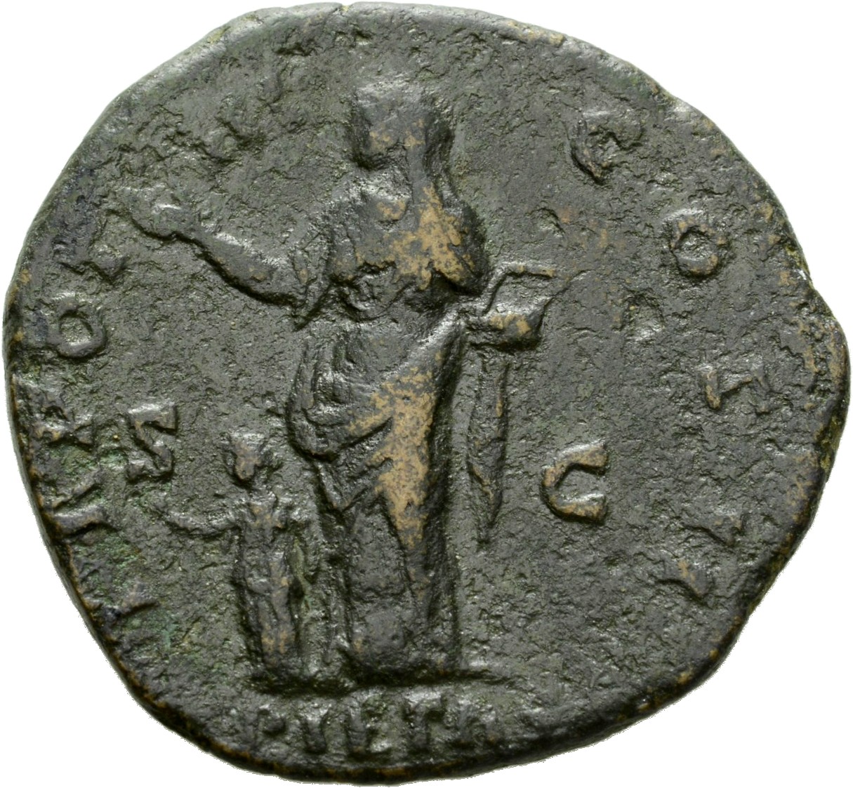 Antoninus Pius reverse — Pietas, draped, standing, left, holding up right hand and holding box in left at side: at feet, left, a child.