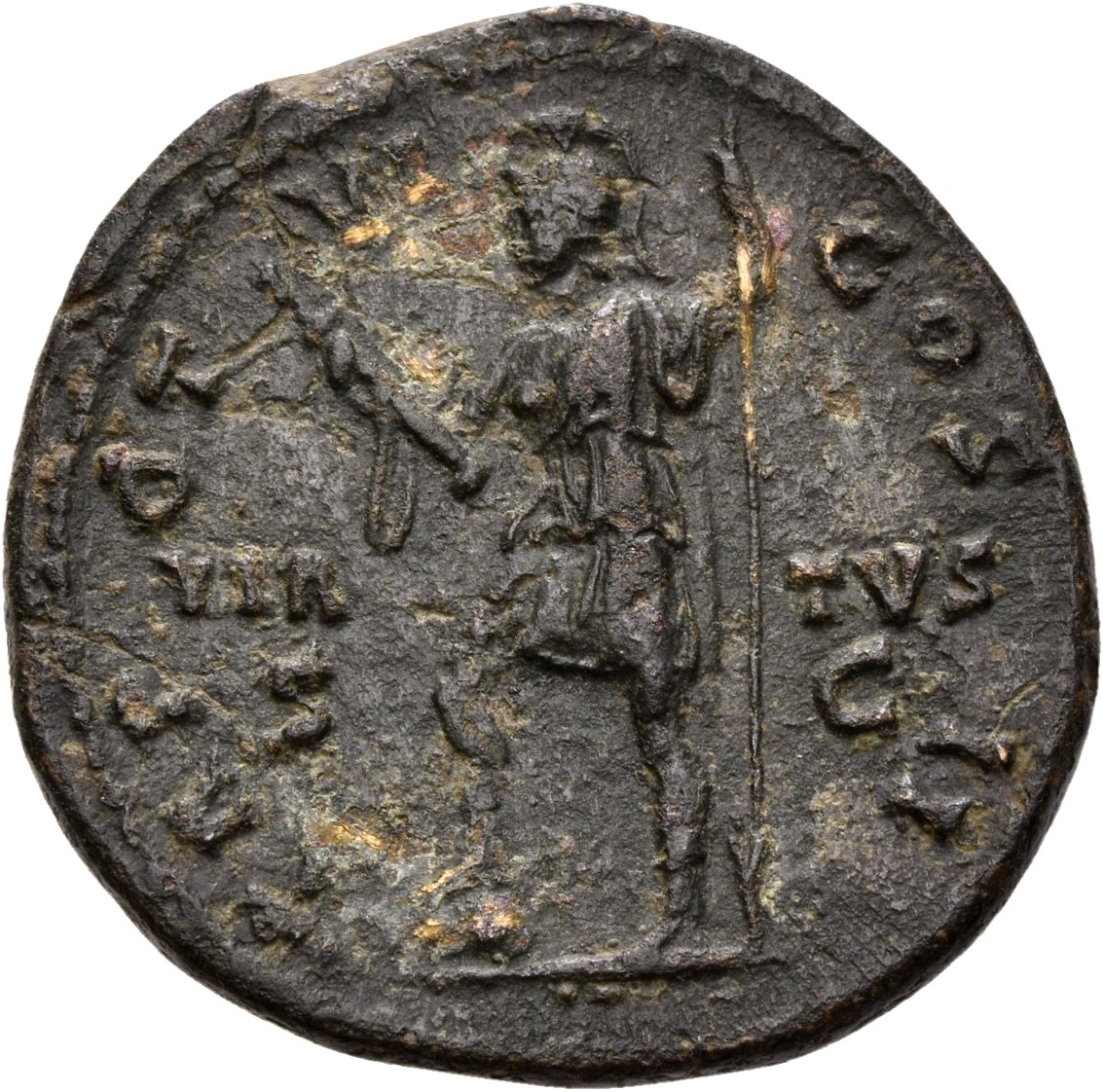 RIC III Antoninus Pius 1307 (dupondius) Antoninus Pius reverse, Virtus, standing left, right foot on helmet, holding paraz...