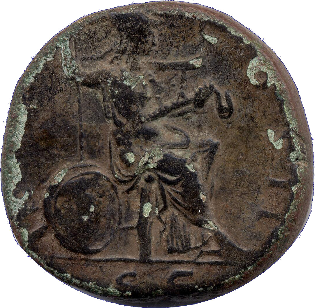 RIC III Antoninus Pius 1309B Antoninus Pius reverse, Minerva, seated right, holding spear and drawing out aegis; shield ag...