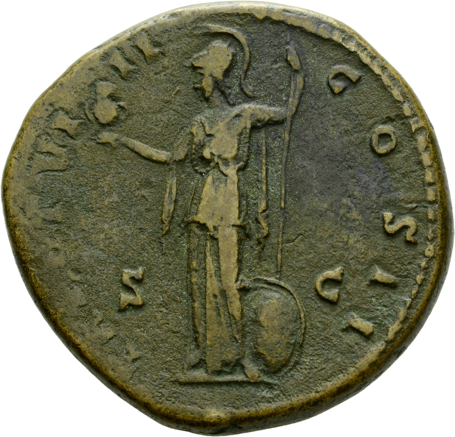 RIC III Antoninus Pius 1314 Antoninus Pius reverse, Minerva, helmeted, draped, standing, left, holding owl on extended rig...