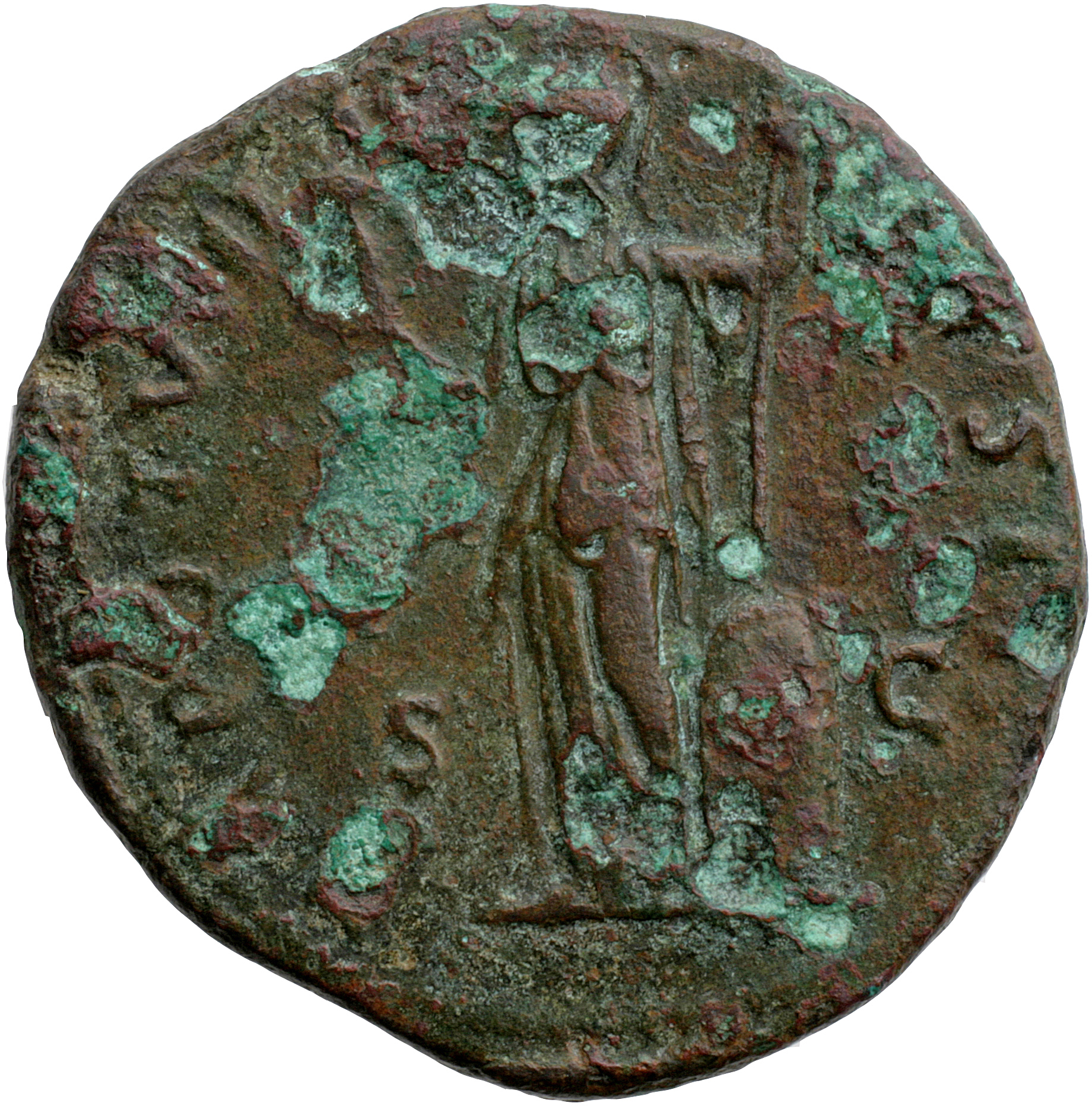 Antoninus Pius reverse — Minerva, helmeted, draped, standing, left, holding owl on extended right hand and vertical spear in left: at feet, right, round shield.